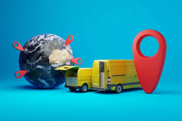Vans Buses Background Planet Geo Markers Concept Parcel Delivery Logistics — Foto de Stock