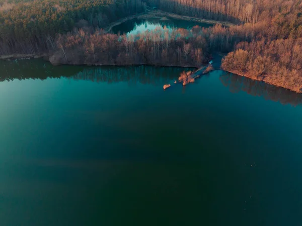 Forest Lake Pond Sunset Beautiful Sunset Water Trees View Drone — Stock Photo, Image