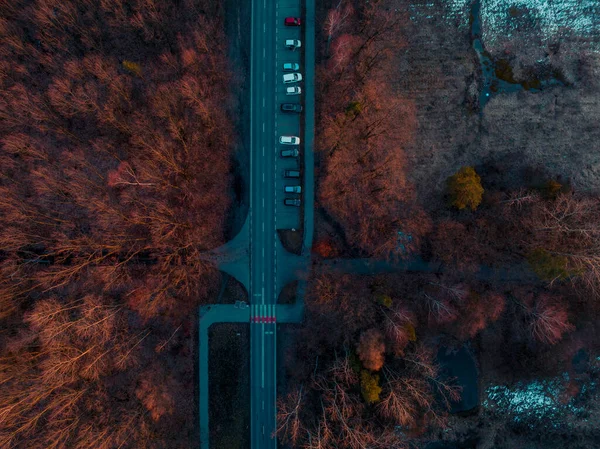Aerial View Drone Parking Lot Forest Concept Rest Leaving Car — Φωτογραφία Αρχείου
