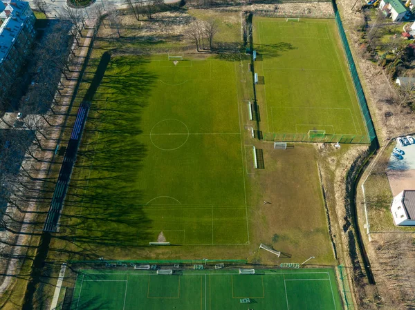 Voetbalveld Gezien Vanaf Drone Lucht Luchtfoto Van Voetbalveld Sport Voetbalspel — Stockfoto