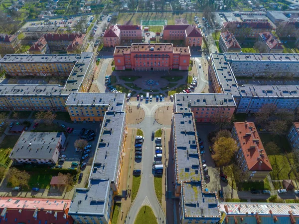 View of the housing estate in the city of Tychy on one of the housing estates. Photo from the drone on Tychy and the urban housing estate, the central point.