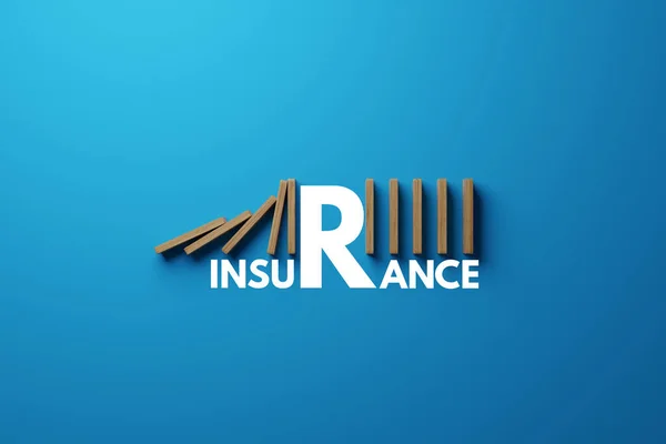 Falling dominoes, interrupted by the inscription INSURANCE. The concept of insurance, safety for people and personal goods, collapse protection. 3D render, 3D illustration.