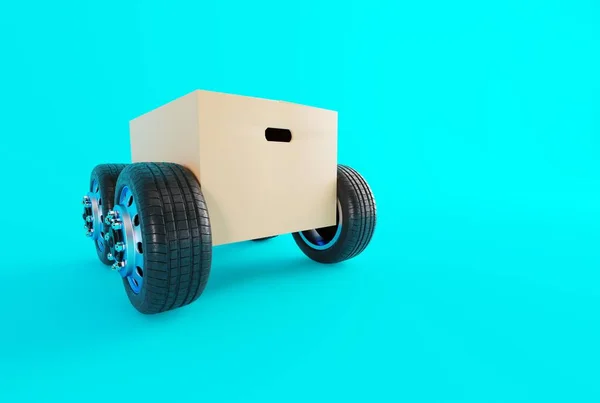 Package Cardboard Box Wheels Looking Car Concept Transport Work Couriers — Photo