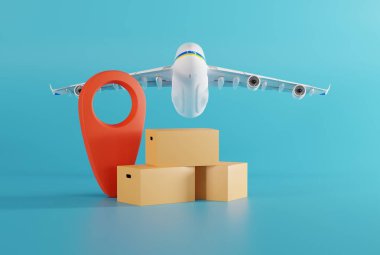 GEO marker against the background of cardboard boxes and an airplane. Parcel delivery concept, couriers and logistics companies. Courier parcels. 3D render, 3D illustration.