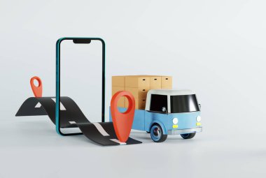 Outgoing road by phone and delivery truck with packages. Business and transportation concept. Logistics work, parcel delivery. 3D render, 3D illustration.