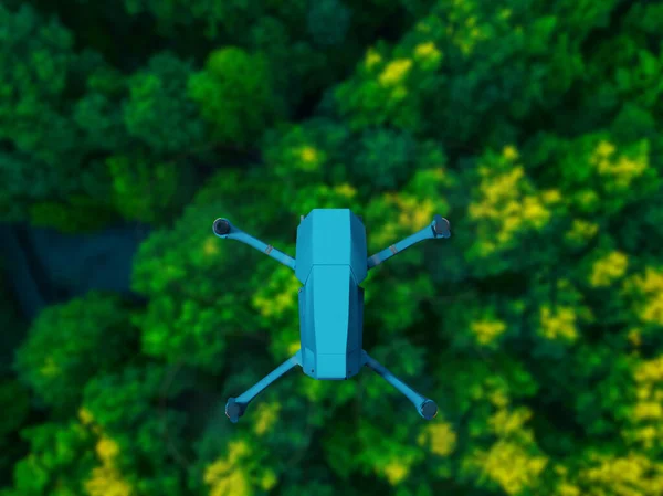 Aerial drone view on the background of trees and nature landscape. The concept of flying a drone, taking photos using a drone, aerial filming.