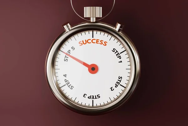 Stopwatch with the end of the time with the inscription Success. The concept of achieving success, fighting and striving to achieve success in life. 3D render, 3D illustration.