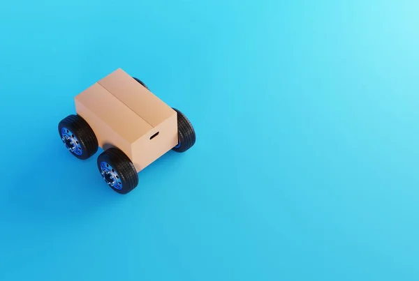 A package, a cardboard box with wheels, looking like a car. The concept of transport, the work of couriers and logistics companies. Couriers delivering parcels. 3D render, 3D illustration.