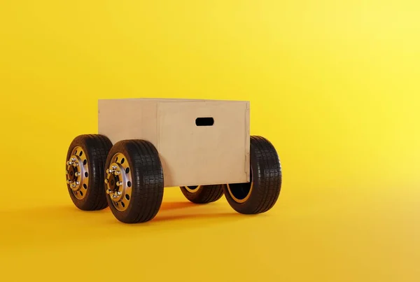 Package Cardboard Box Wheels Looking Car Concept Transport Work Couriers ロイヤリティフリーのストック画像