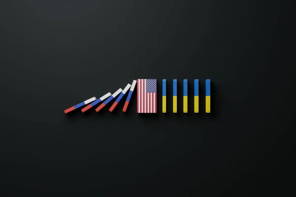 Dominoes with the flag of Russia and the flag of Ukraine, where Russia\'s bricks are held back by the US flag. The concept of war caused by Russia, Russia\'s aggression in Ukraine. 3D render, 3D illustration.