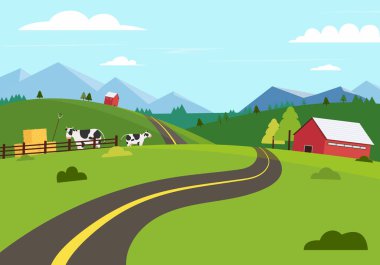 Yol, çiftlik, inek ve doğa manzaralı kırsal alan. Yaz mevsimi. Çiftlik ve patika yolu.