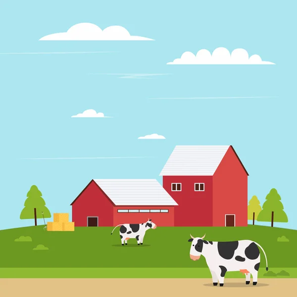 用奶牛病媒图解的山丘上的农场 农场景观平坦的风格 具有自然景观的谷仓 — 图库矢量图片