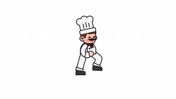 Zeichentrickfigur Koch Weißer Uniform Und Bäckermütze Fuß Glücklicher Spaziergang Koch — Stockvideo
