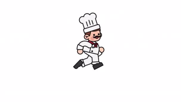 白の制服を着た漫画キャラクターシェフとパン屋の帽子が走っています 面白いランニングアクション Cook Man Animation — ストック動画