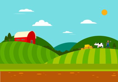 Farm scene with nature landscape.Farmer with countryside.Farmland vector illustration