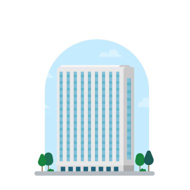 Sokak düz vektör binası. Gökyüzü arkaplanı olan modern ofis. Şehir manzaralı kule.