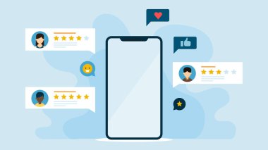 Müşteri değerlendirmesi ve sosyal ikonlarıyla akıllı telefon. Uygulama denetimine sahip mobil simge göster