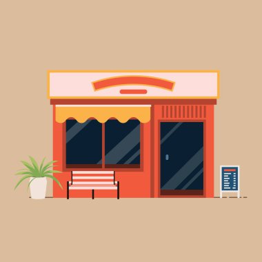 Kafe düz vektör. Bina, banka, bitkiye ve menü tahtasına sahip bir caddeye bakıyor. Restoranlar ve dükkanlar ön cephede. Sokaktaki modern dükkanlar.