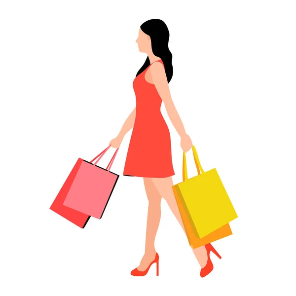 Mujer Moda Sosteniendo Bolsas Compras Caminando Vestido Rojo Chica Plana — Vector de stock