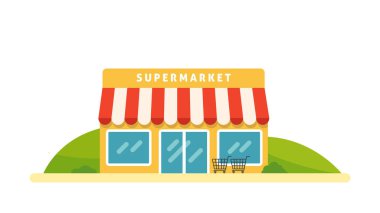 Düz stil içinde süpermarket vektör illüstrasyonu. Dükkanda duran el arabası. Doğayla iç içe.