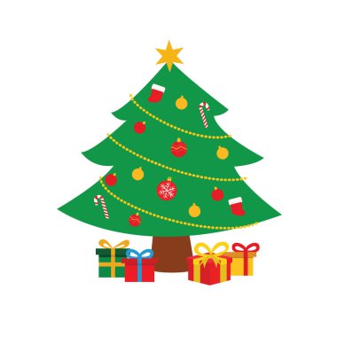 Süslerle süslenmiş Noel Ağacı, Star Topper ve Renkli Hediye Kutuları Düz Tasarım Çizimi