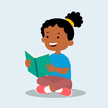 Gülümse, sevimli küçük kız kitap okuyor. Çocuk Edinmeyi Öğrenin. Eğitim ve Öğrenim Konsepti. Yerde oturan Afrikalı Kız Okuma Kitabı.