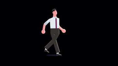 Yürüyen iş adamı alfa kanalıyla animasyon yapıyor. 2B hareketli karikatür tarzı yürüyen insan rahatlaması