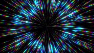 Merkez ışıktan yayılan soyut ışık ışınları. Arkaplanda parlayan parlak renk ışığı. Işıktan arınmış. 4K sanatsal çizgiler parlıyor