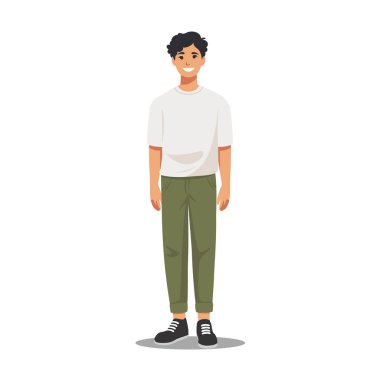 Genç adam günlük kıyafetlerle ayakta duruyor. Beyaz bir arka plana karşı duran genç bir çocuğun tüm vücudu çizilmiş. Beyaz tişört, yeşil pantolon ve beyaz dantelli siyah spor ayakkabılar giyiyor.