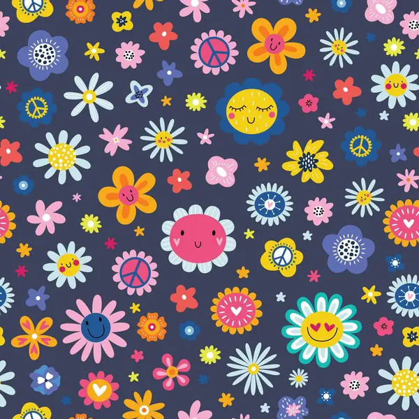 Hippi çiçek deseni. Çizgi film stili çiçekler, eski moda el yapımı dekoratif öğeler, 60 'lar ve 70' ler soyut çiçekler, parlak renkler çocuksu şirin dekorlar, karalama nesneleri barış ve komik yüz vektörü.
