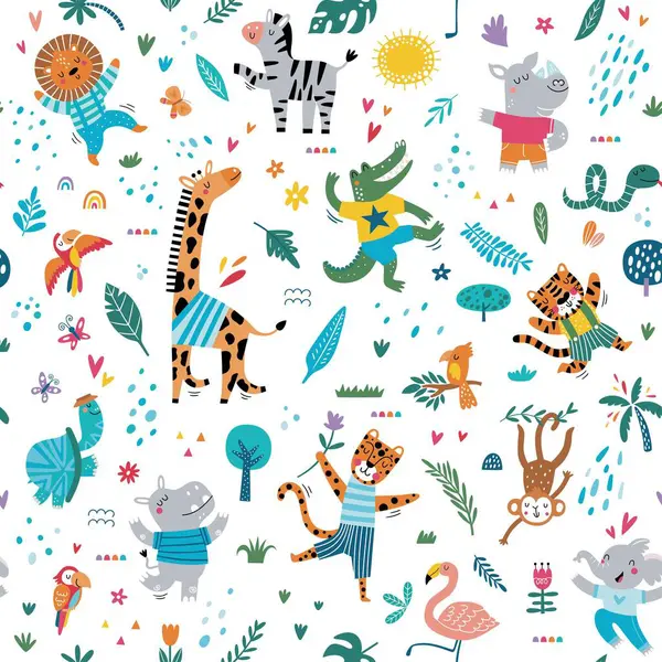 Seamless pattern with cute tropical animals. Creative nursery background. Perfect for kids design, fabric, wrapping, wallpaper, textile, apparel