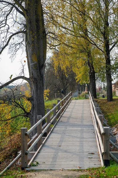 Dřevěný Most Pro Pěší Silnice Přírodě Podzim Podzimní Přírodní Krajina — Stock fotografie