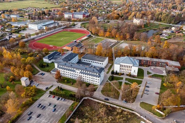 stock image view from above of Dobele secondary school and sports field in the background, Dobele, Latvia