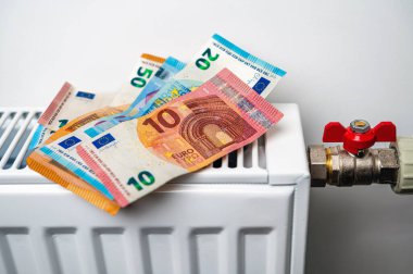 Merkezi ısıtma radyatöründe euro banknotları, pahalı ısıtma maliyetleri kavramı, yakın çekim