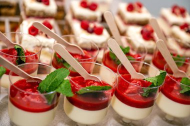 Panna cotta tatlısının yakın plan çekimi. Parti masasında taze meyve ve böğürtlenler sıraya dizilmiş.