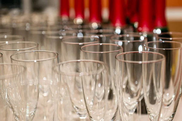 catering services. rows of shampagne glasses at restaurant party or celebration, close-up
