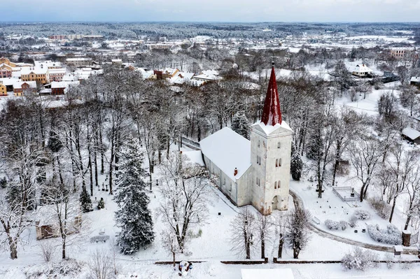 Aerial Top View Lutheran Church Latvian Small Town Kandava Snowy — Stock Photo, Image