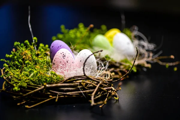 Nest Colored Easter Eggs Isolated Dark Defocused Background Easter Decorations — ストック写真