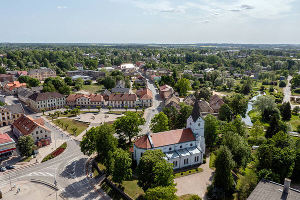 Aerial view of the city center and Saldus Lutheran Church, Saldus, Latvia