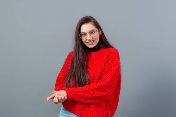 Young Emotional Teenage Woman Glasses Dressed Red Sweater Posing Gray — Stock Photo, Image
