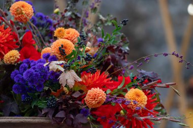Odaklanamayan arkaplanda, metin için boş alan olan sonbahar çiçeklerinin renkli buketleri