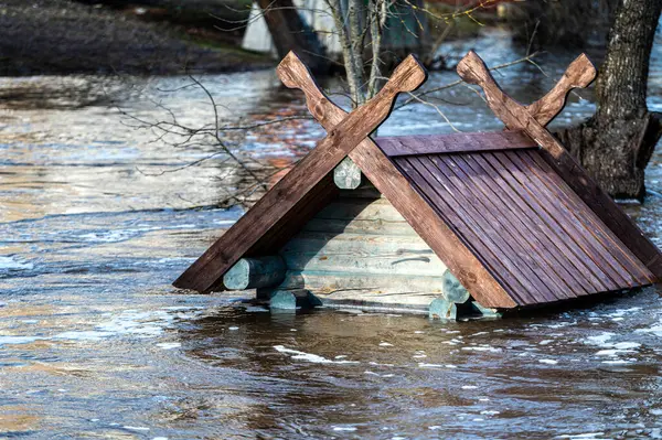 to the roof of a bird house flooded in spring floods - a feeder on the Berze River in Dobele, Latvia