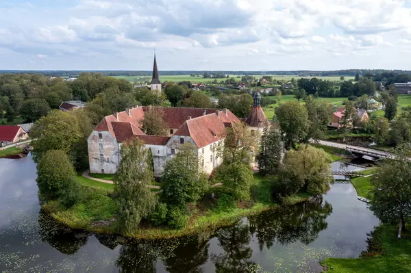 stock image An aerial shot of medieval Jaunpils Castle, Latvia, aerial drone view