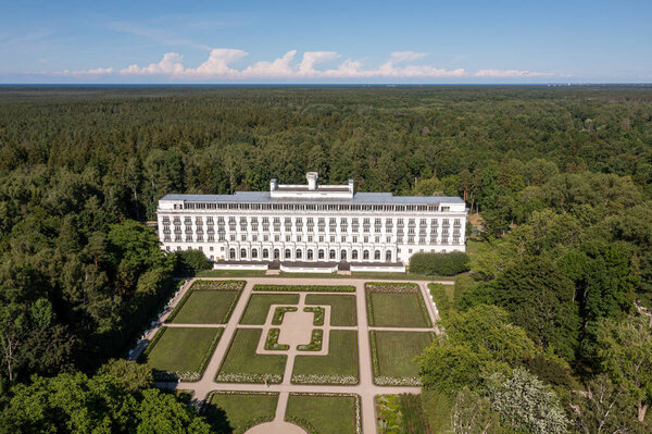Jurmala, Latvia: july 9, 2023:  Aerial view of Park Hotel Kemeri and park, reconstructed former sanatorium Kemeri in Jurmala