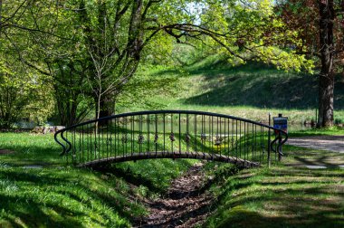 Demir köprü yemyeşil bir parktaki yemyeşil bir derede çiçek ve ağaçlarla kaplıdır..