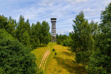 Paganamaa 'daki ahşap gözetleme kulesi, Rouge Parish, Estonya, hava aracı manzaralı.