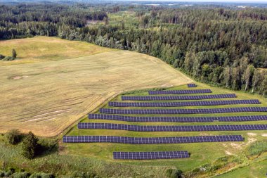 Güneş panelleri bir ormanın yanındaki tarlada dizilmiş..