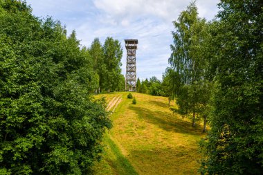 Paganamaa 'daki ahşap gözetleme kulesi, Rouge Parish, Estonya, hava aracı manzaralı.