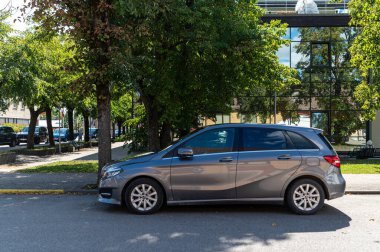 Tukums, Letonya - 22 Ağustos 2024: Gri araba gün ışığında ağaçlarla kaplı bir şehir caddesi boyunca park edilmiş.