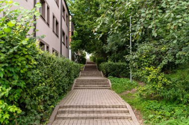 A stone pathway ascends through lush greenery, connecting nearby buildings in a tranquil setting. clipart